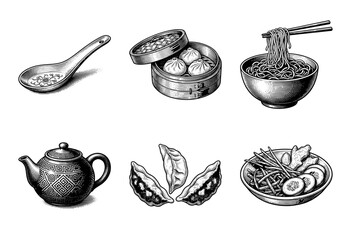 Vintage engraving collection of traditional Chinese cuisine featuring dim sum dumplings noodles teapot and ceramic soup spoon in woodcut style