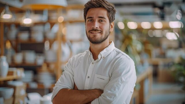 A young man with a friendly smile stands with his arms crossed in a well-lit modern store. The background features shelves filled with various kitchenware and decor items