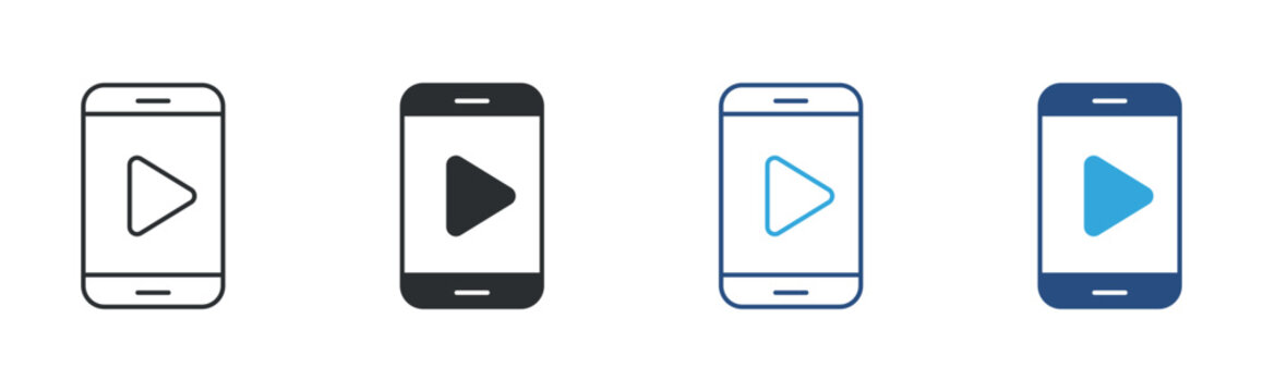 Mobile video player icon set, smartphone play button symbol, media streaming vector illustration