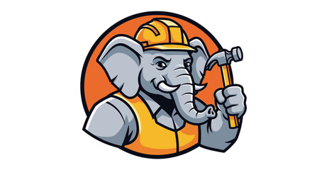 Cartoon elephant in construction hat and vest holding a hammer.