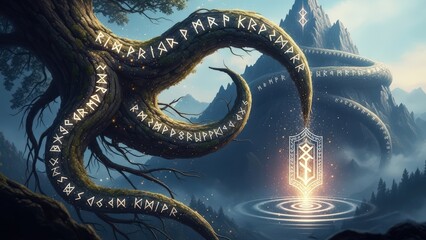 Fototapeta premium Mystical tree with glowing runes in fantasy landscape