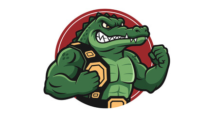 Obraz premium Muscular cartoon alligator mascot wearing a championship belt and flexing its biceps, ready for a fight in a red circle.