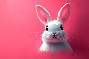 Fototapeta premium Gentle white bunny with soft stylized fur and expressive eyes peeks from a textured pink background