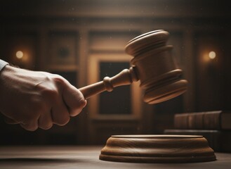 Judgement Hammer striking Wooden Sounding Block in Courtroom with Soft Dramatic Lighting and Antique Wood Paneling Background