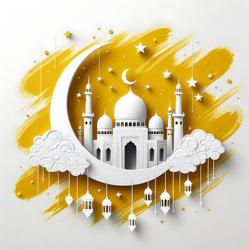 White Mosque Golden Paint Splash Artistic Ramadan Kareem Modern Islamic Festival Creative Arabic Design Background JPG