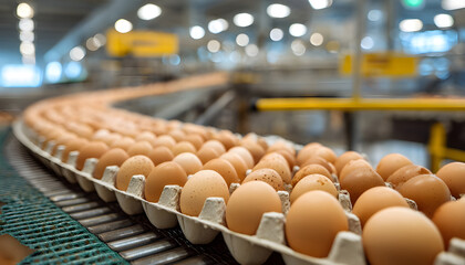 brown eggs in cartons on factory conveyor, poultry farming and food production