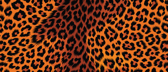 Vibrant Leopard Fur Pattern on Orange Background with Black Spots, Dynamic Animal Camouflage Design © Merisca
