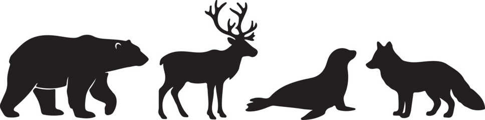 Obraz premium Arctic Wildlife Silhouette Collection Featuring Polar Bear, Reindeer, Seal and Fox