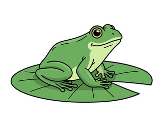 Obraz premium Cartoon illustration of a green frog resting on a circular green lily pad against a white background