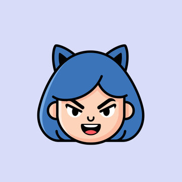Cartoon character with blue hair and cat ears expression isolated