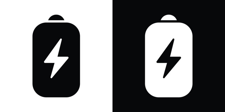 Flash battery charging icon. Battery symbol with a lightning bolt, indicating energy power generation, fast charging status, accumulator capacity, or electric fuel cell in black and white.