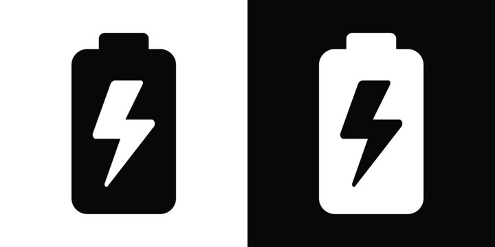 Flash battery charging icon. Battery symbol with a lightning bolt, indicating energy power generation, fast charging status, accumulator capacity, or electric fuel cell in black and white.