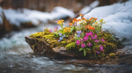 Spring snow ice thaw, end of Winter Season, hope, fresh start. A tranquil winter scene with a mosscovered rock in the foreground, adorned with vibrant purple, orange, and yellow flowers.