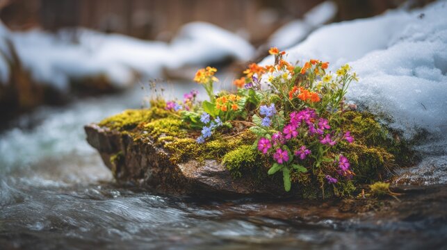 Spring snow ice thaw, end of Winter Season, hope, fresh start. A tranquil winter scene with a mosscovered rock in the foreground, adorned with vibrant purple, orange, and yellow flowers.
