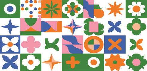 Colorful geometric floral shape collection in modern flat style, retro inspired vector icon set for branding, packaging, posters, and contemporary graphic design