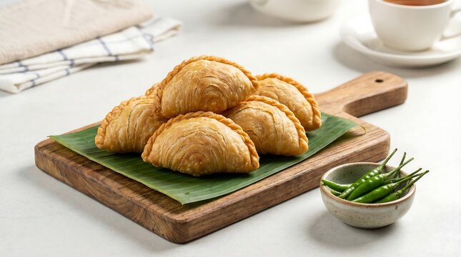 Fried curry puffs on wooden board, Crispy golden pastry snacks with chili, Traditional Southeast Asian karipap snack