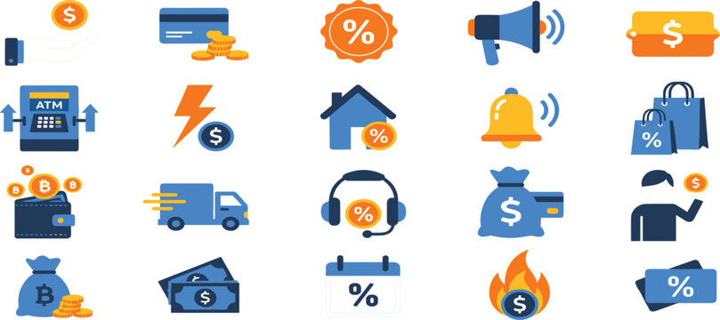 Finance and payment icon set with discount, banking, cryptocurrency and shopping symbols, modern flat vector collection for ecommerce and business design