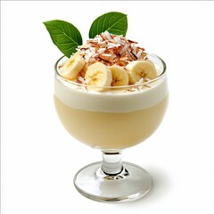 Delicious banana and coconut parfait layered with cream and garnished with fresh leaves and shredded coconut in a clear glass dessert cup