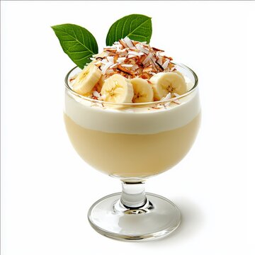 Delicious banana and coconut parfait layered with cream and garnished with fresh leaves and shredded coconut in a clear glass dessert cup