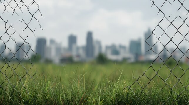 View through a damaged chain-link fence, grassy foreground, city skyline in the distance