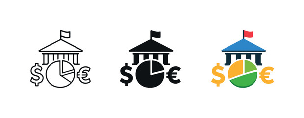 Structured governance scene showing a simplified public finance icon integrating monetary symbols to express state fiscal