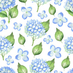 Seamless pattern blue hydrangeas white