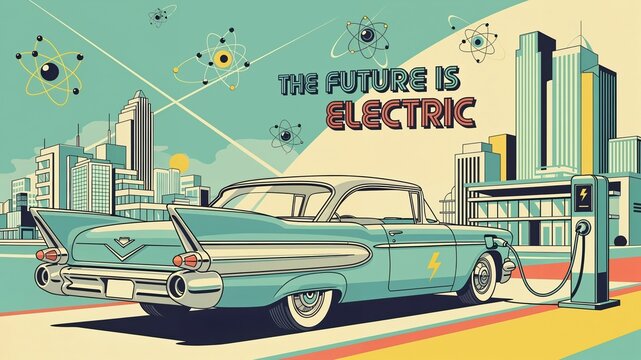 Retro Futurism Electric Vehicle Charging in Mid Century Modern Cityscape