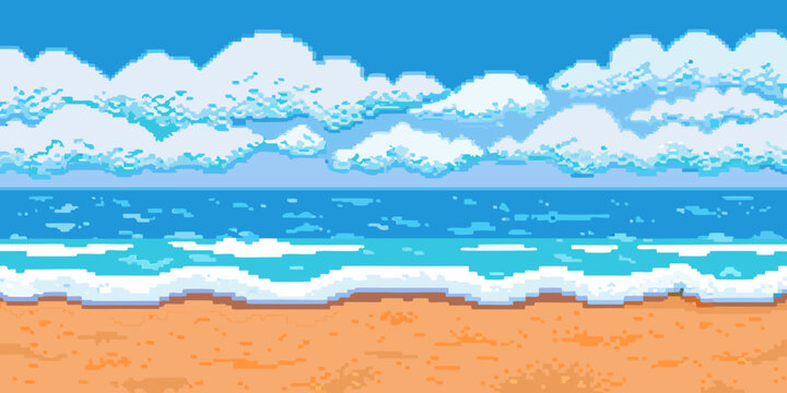 Pixelated seascape displaying a sandy beach ocean waves and blue sky