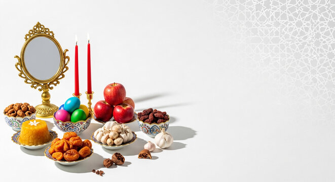 A beautifully arranged still life of traditional Nowruz items on a white background
