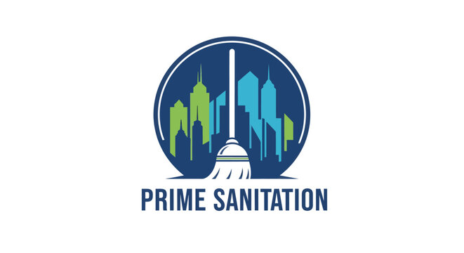 Prime Sanitation logo with broom and city skyline inside a circle.