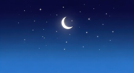Stylized crescent moon & sparkling stars in a deep blue gradient night sky illustration