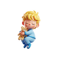 3D Cartoon Boy Sleeping with Teddy Bear in Blue Pajamas on Black Background child isolated on a transparent background