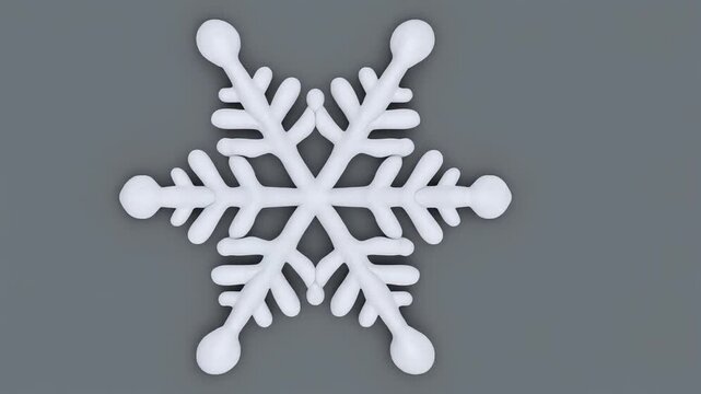 graphic of a white snowflake floating on a gray background. Abstract winter and Christmas concept　グレーの背景に浮かぶ白い雪の結晶のクレイアニメ風グラフィック、冬とクリスマスの抽象コンセプト