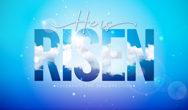Easter Holiday Banner Illustration with Cloud on Sunny Sky Background. He is Risen. Vector Christian Religious Design for Resurrection Celebrate Church Theme Template for Poster, Invitation or