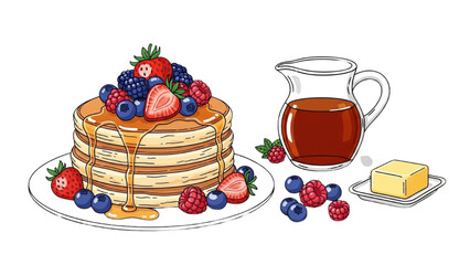 High-quality black outline colorful illustration of breakfast pancakes topped with berries and syrup, flat lay advertising composition