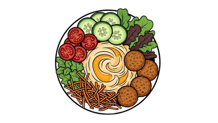 High-quality black outline colorful illustration of vegan bowl with hummus, falafel and fresh vegetables, social media ready composition