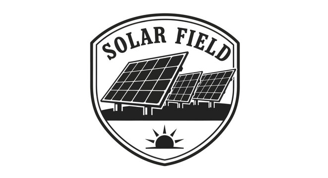Solar Field Emblem with Photovoltaic Panels and Sunrise.