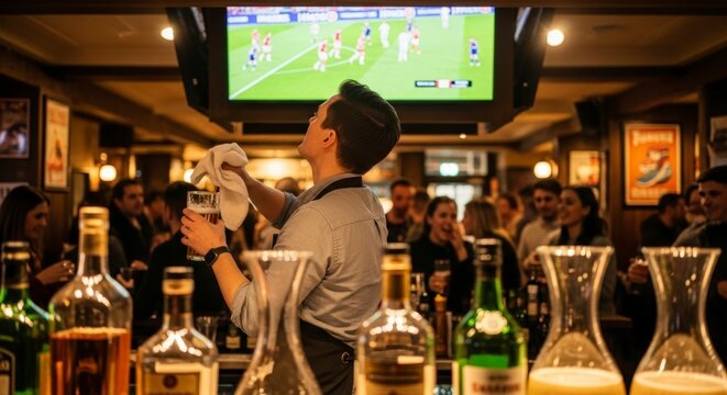 Bartender Serving Drinks at Sports Bar.