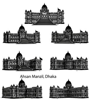 (Ahsan Manzil) Set of house and building silhouettes forming a city skyline in black vector style