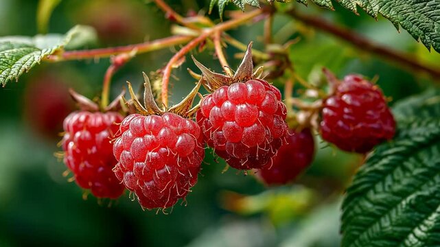 Close up of a ripe raspberry in a green field, highlighting vibrant red color, delicate texture, and fresh natural harvest in soft sunlight.