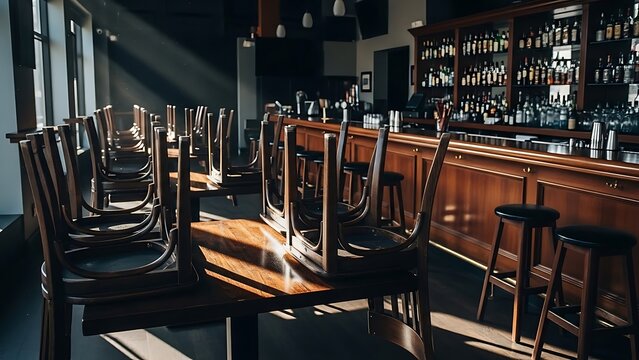 Empty Bar Interior with Chairs Stacked and Sunlight Streaming Through Window.