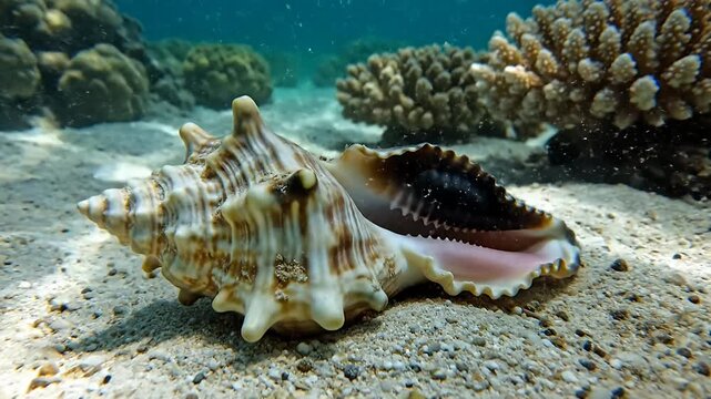 Large conch shell resting on sandy seabed underwater with coral