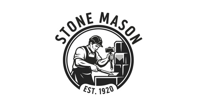 Vintage Stone Mason Crafting Building Blocks with Hammer and Chisel.