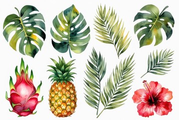 Watercolor tropical leaves, exotic fruits and flowers arrangement