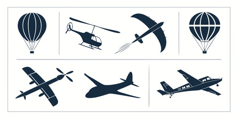 A diverse collection of vintage and modern aircraft in various styles and colors Vector © RABBI
