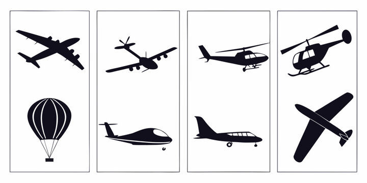 A diverse collection of various types of aircraft and flying machines Vector