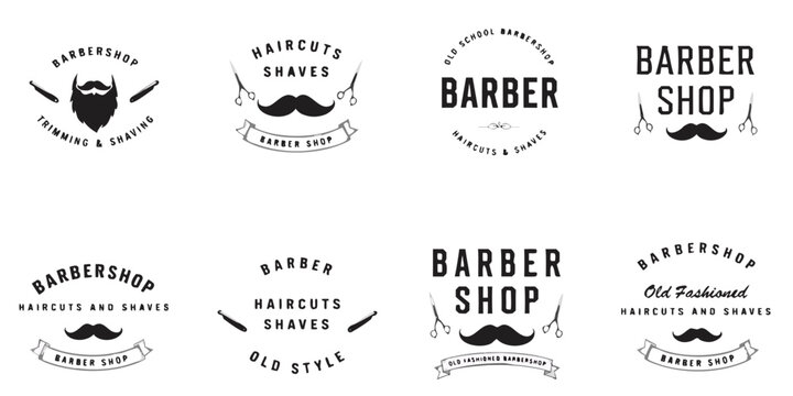 Collection of various barber shop logos featuring mustaches and scissors Vector