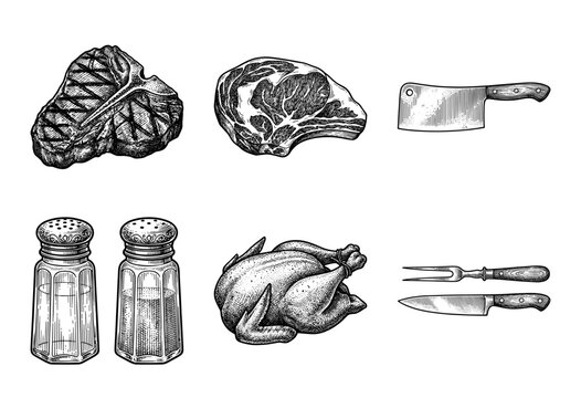 Vintage engraving style collection of meat cuts, poultry, and butcher tools including t-bone steak, ribeye, whole chicken, cleaver, and salt shakers.