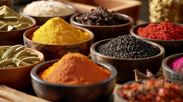 close up bowls of spice on the rustic wood table , different type and colors
