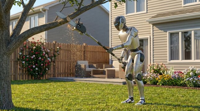 Futuristic humanoid robot cutting a tree branch with a pole saw in a residential backyard